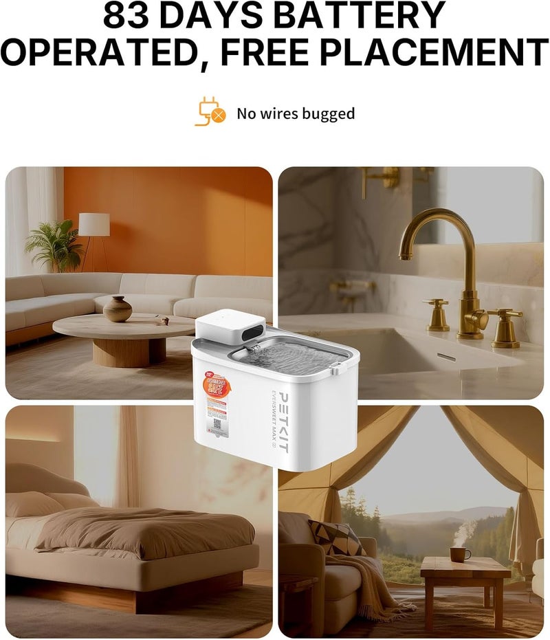 PETKIT Dishwasher Safe Cat Water Fountain, Cordless Automatic Cats Drinking Fountain with Motion Sensor, 101 oz/3L Pet Fountain for Cats Dogs Inside, Smart App Control & Stainless Steel Tray - Image 3